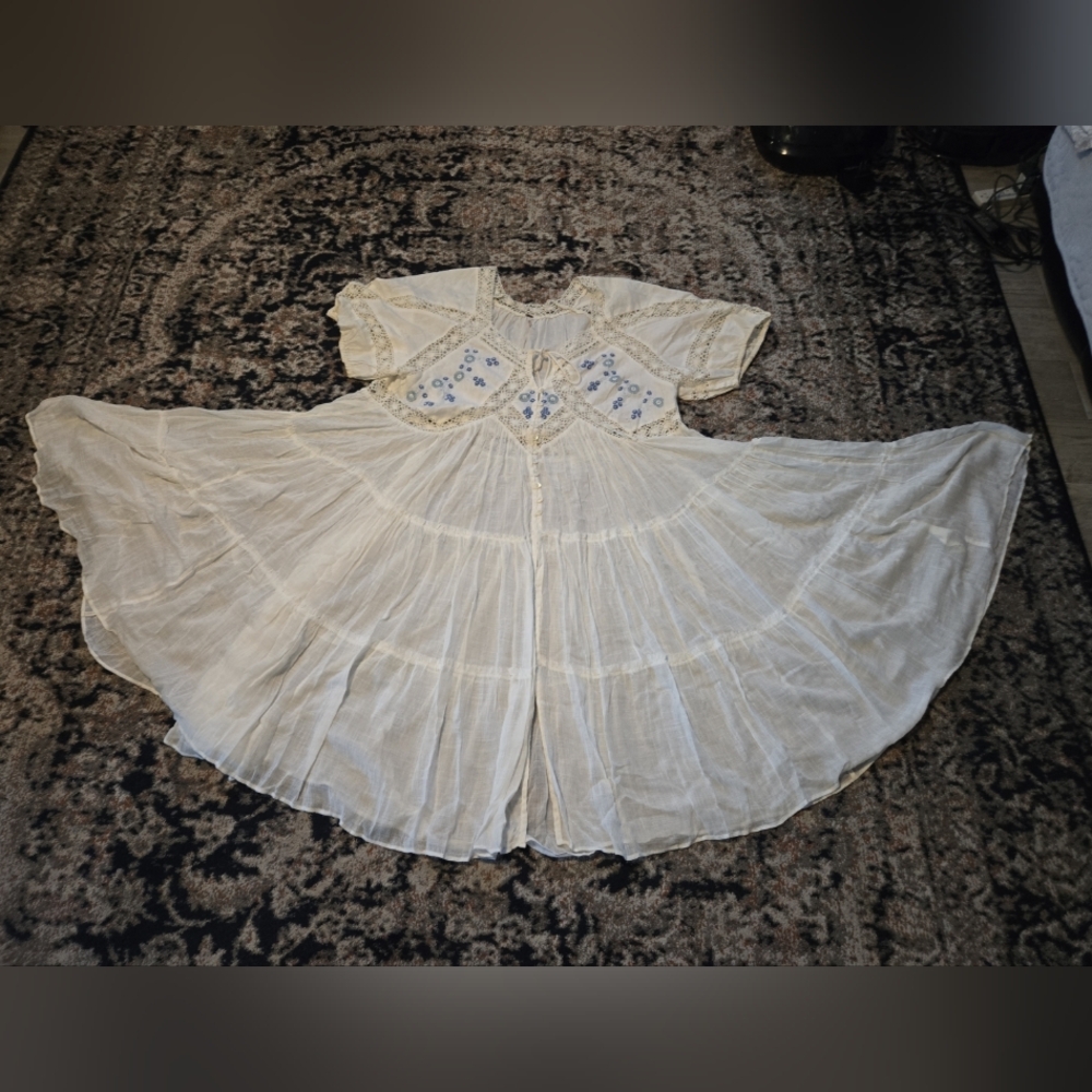 Free People Cream Midi Dress with Blue Embroidery